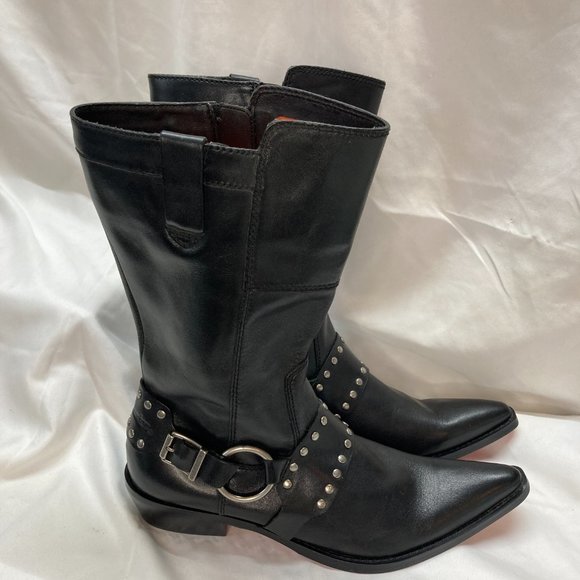 NEW Harley Davidson Low Heel Mid Calf Moto Western Leather Boots Size 8 Black. - Picture 6 of 11